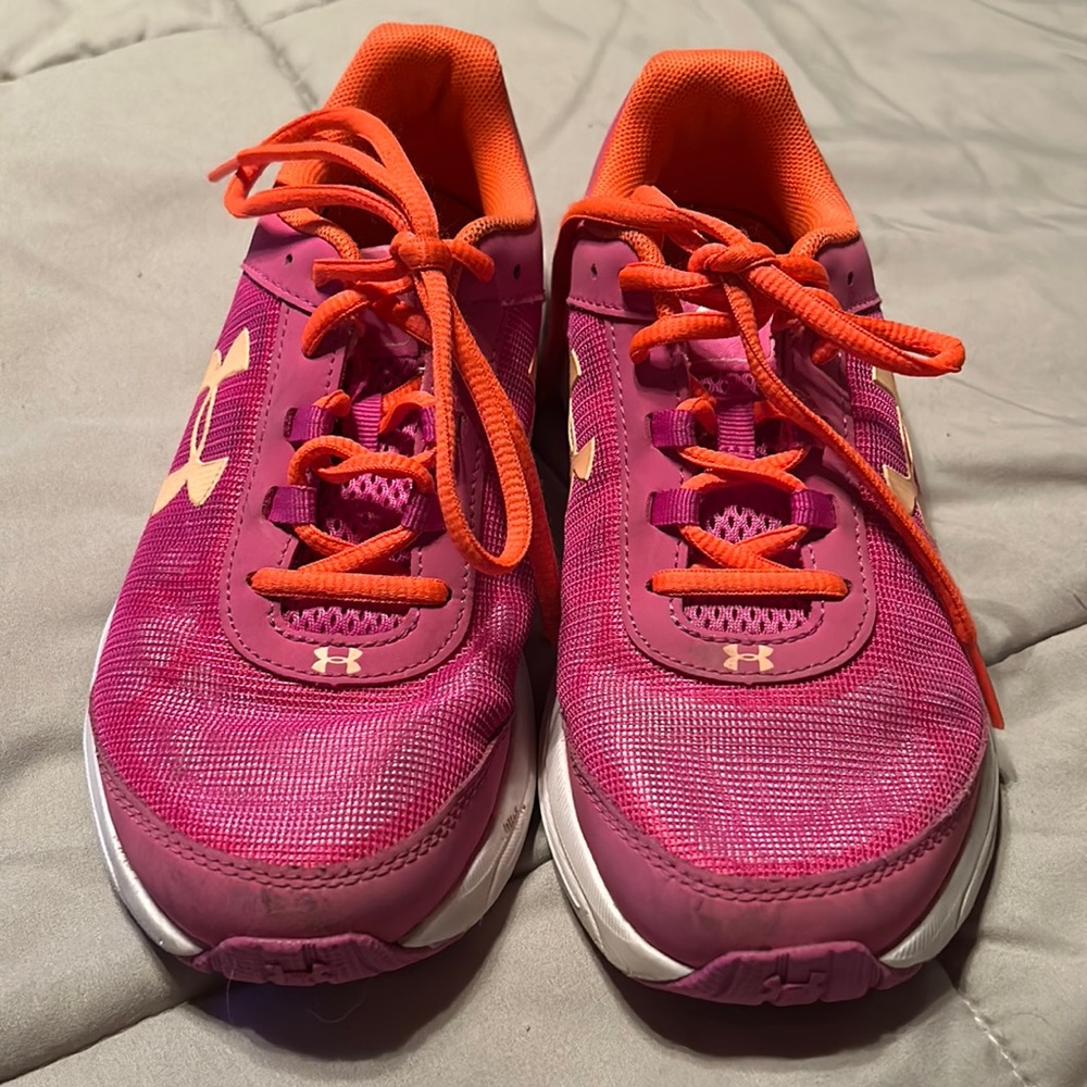 Size 4 Under Armour, purpleish, pink, and orange sneakers